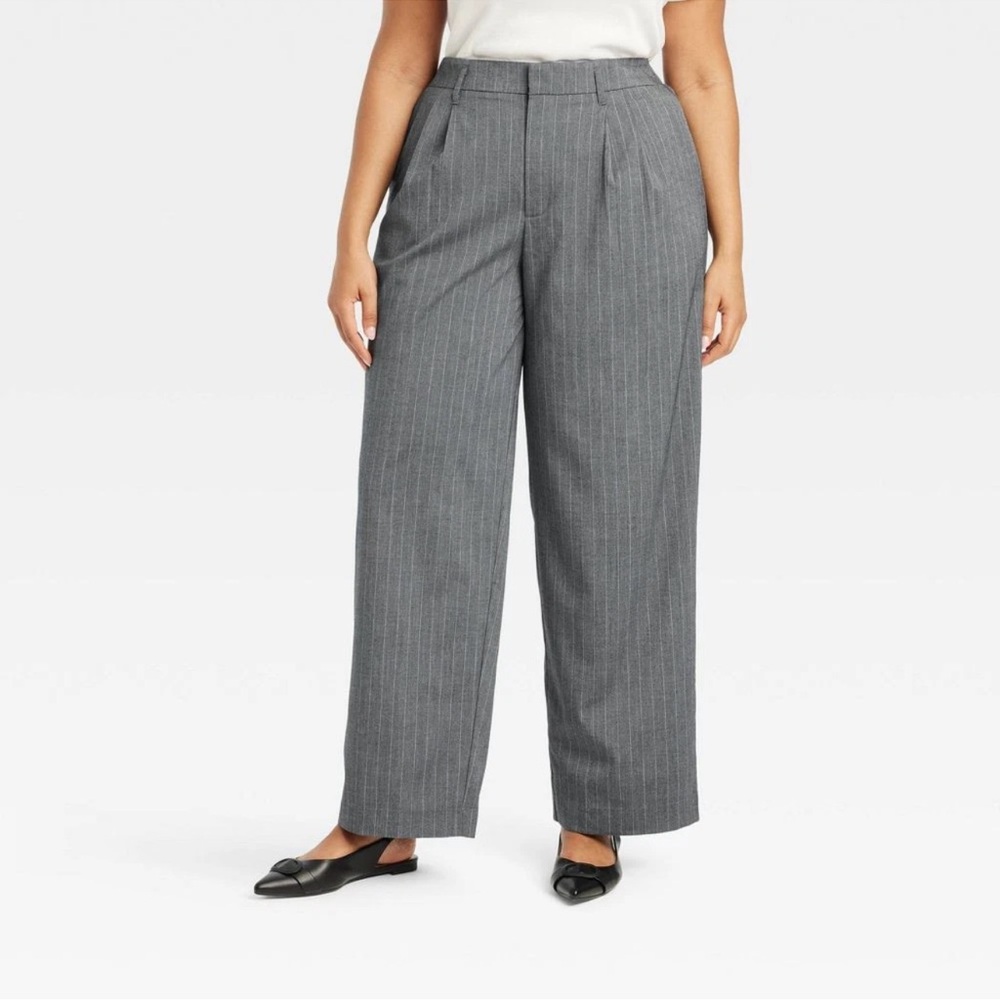 Women's High-Rise Pleat Front Straight Trousers - A New Day Charcoal Pinstripe